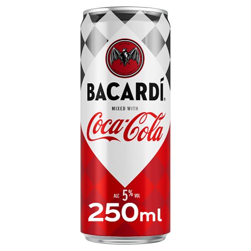 Bacardí mixed with Coca-Cola 250ml blikje — kant-en-klare Cuba Libre cocktail